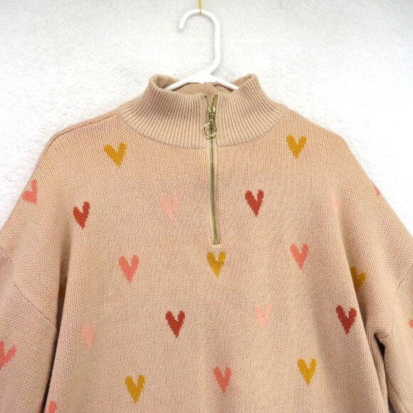 LOFT Sweater Womens XL Beige Half Zip Mock Neck Hearts Pullover Knit Cozy Ribbed - Picture 2 of 8